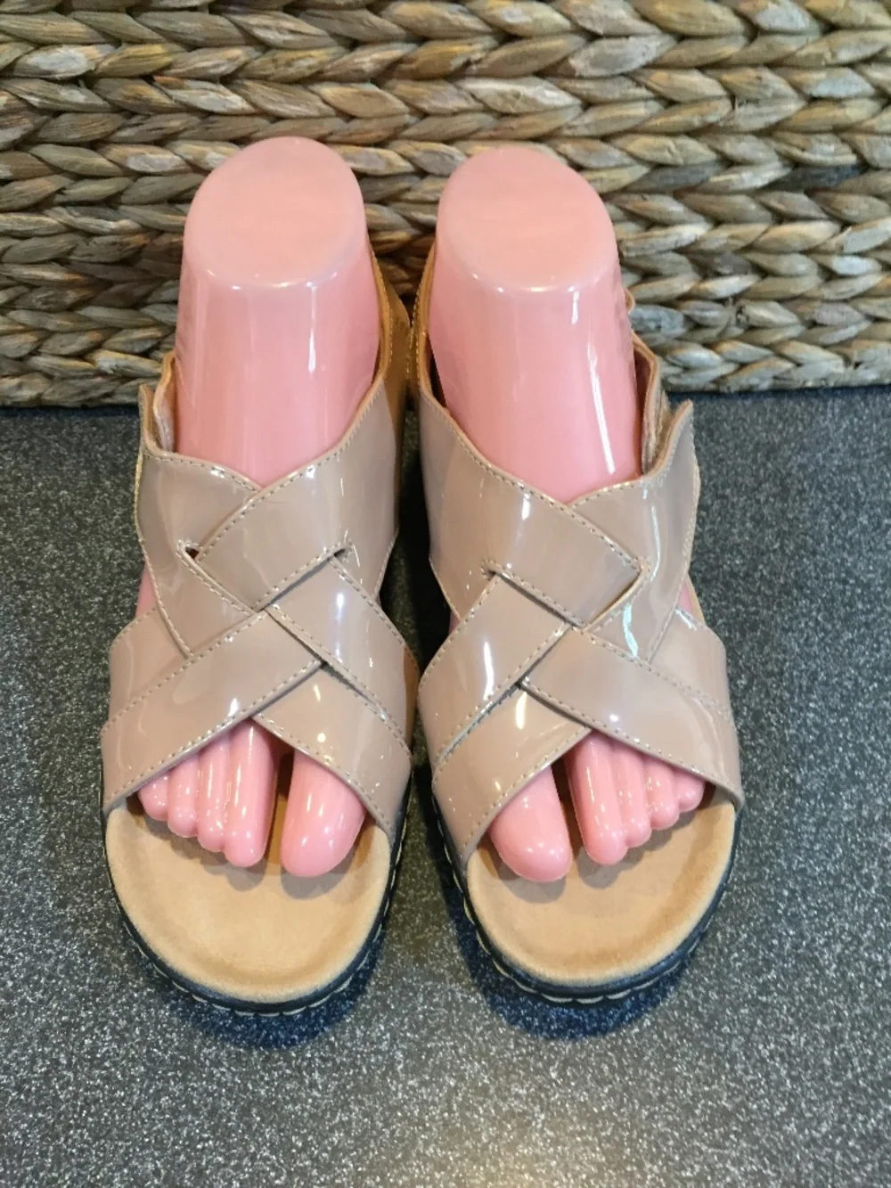 Clarks Patent Leather Crisscross Slide Sandals Tan